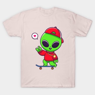 Cool Alien Playing Skateboard Cartoon T-Shirt